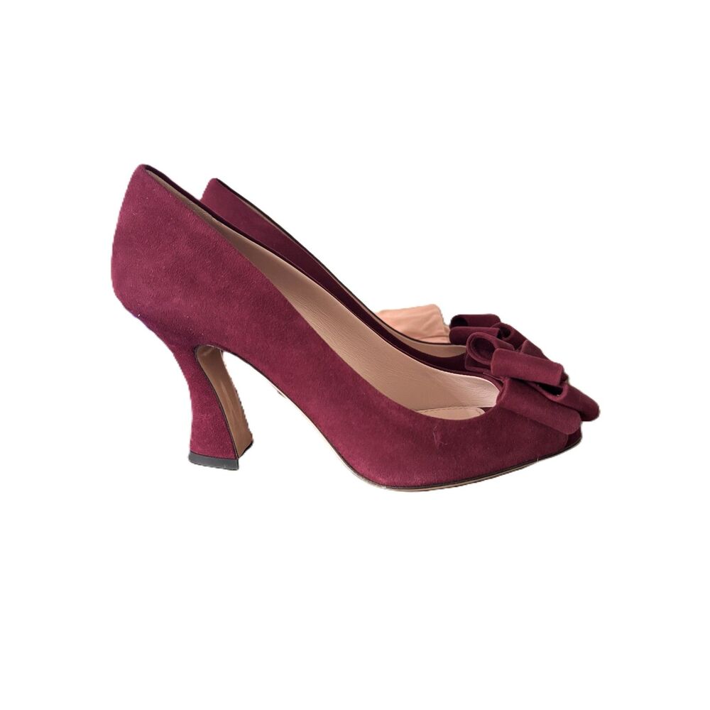 Miu Miu Burgundy Suede Peep-Toe Bow Pumps | Size 38 | Never Worn | Shoe Bag - Picture 2 of 5